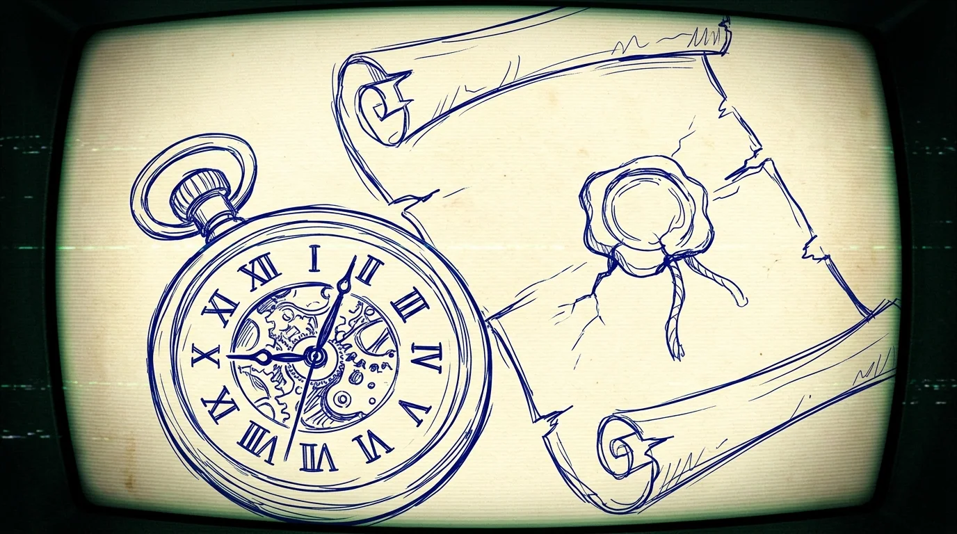Pocket watch at seven days, guardian seal lifting from the parchment